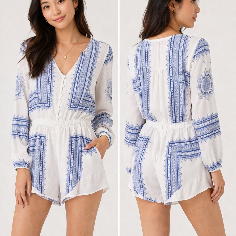 White Romper with Blue Paisley Print M